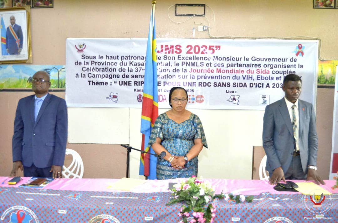 The Provincial Government of Kasaï Central has reaffirmed its commitment to eradicating HIV/AIDS by 2030. This commitment was expressed on Wednesday, December 3, 2025, during the celebration of World AIDS Day, in a ceremony presided over by the Provincial Minister of Health, Rose Kamueka, on behalf of Governor Joseph-Moise Kambulu Nkonko, at the Liliane Mapalay Hall.